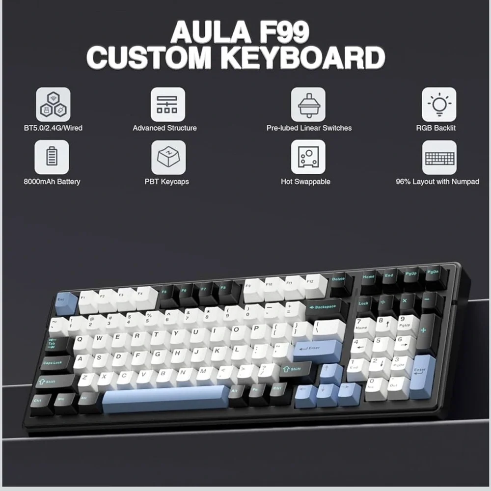 Sleek Black and White Mechanical Keyboard with Blue Accents